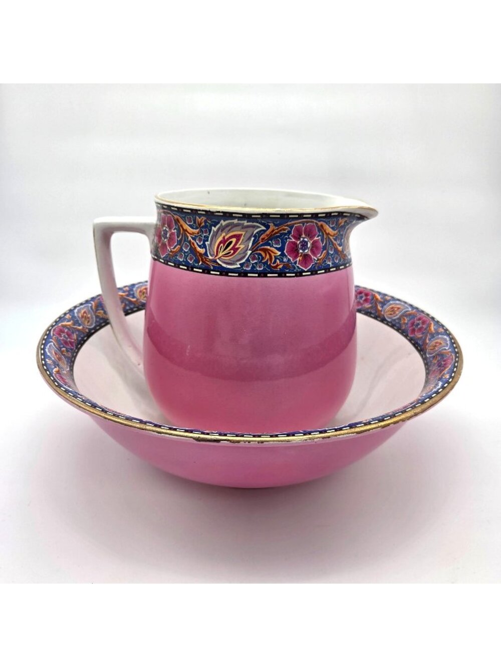 Antique Art Nouveau Pink Pitcher & Wash Basin Bowl Set